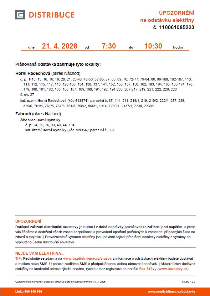Upozornění na&nbsp;ostávku elektřiny podle čísel popisných