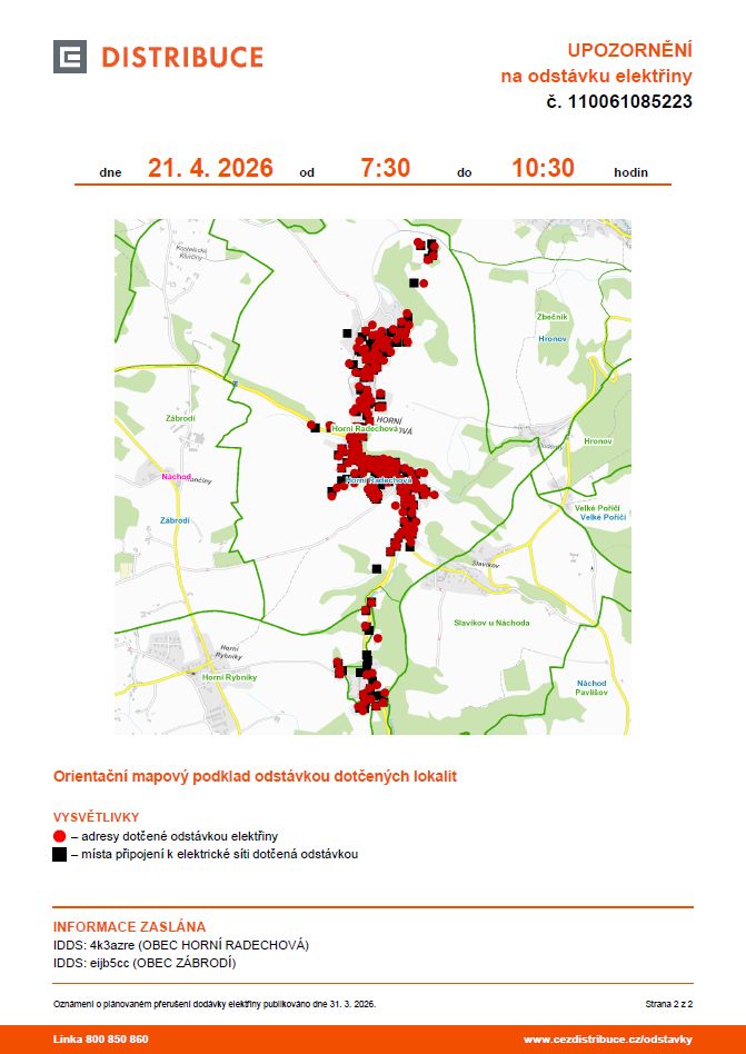 Upozornění na&nbsp;ostávku elektřiny mapa