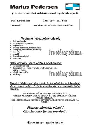 Mobilní svoz nebezpečných odpadů v obci Horní Radechová 2025