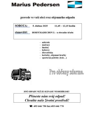 Svoz objemného odpadu v obci Horní Radechová 2025